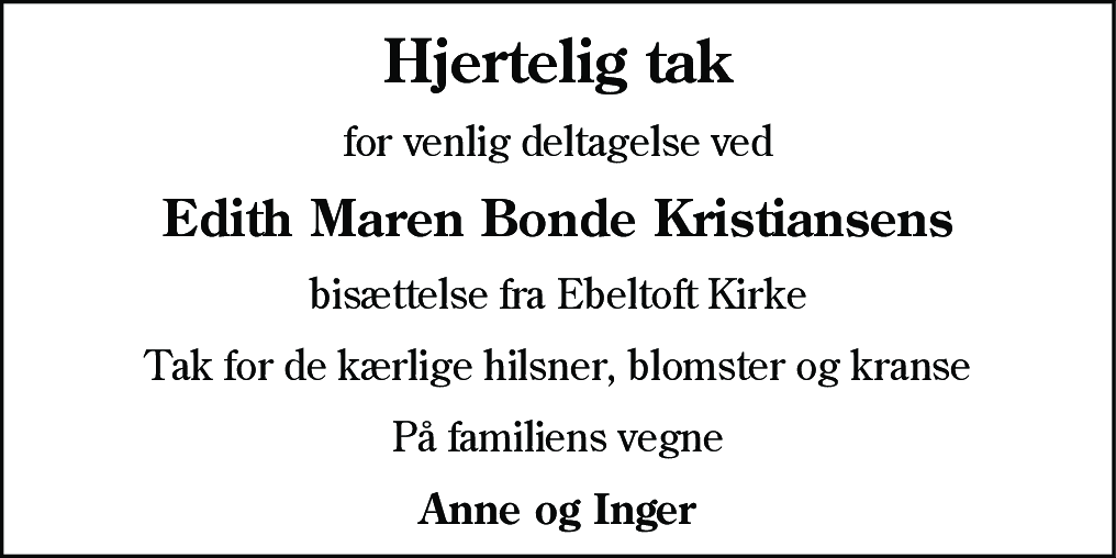 Dødsannonce for Edith Maren Bonde Kristiansen