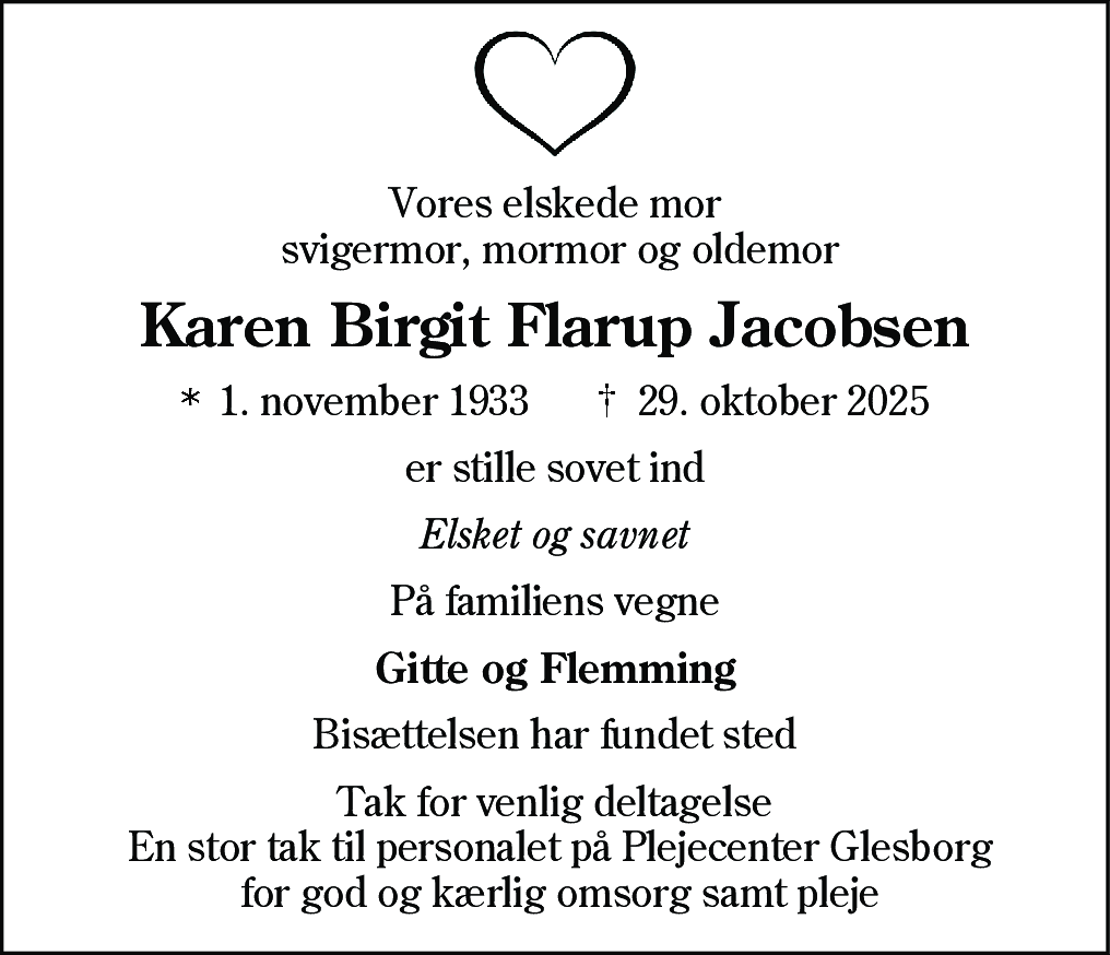 Dødsannonce for Karen Birgit Flarup Jacobsen