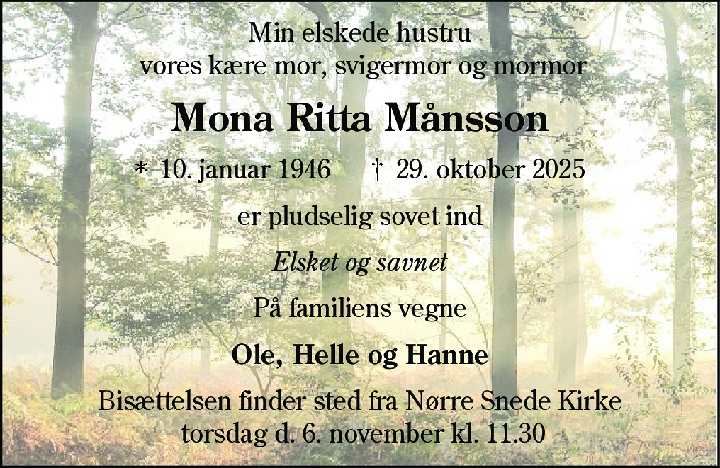 Dødsannonce for Mona Ritta Månsson