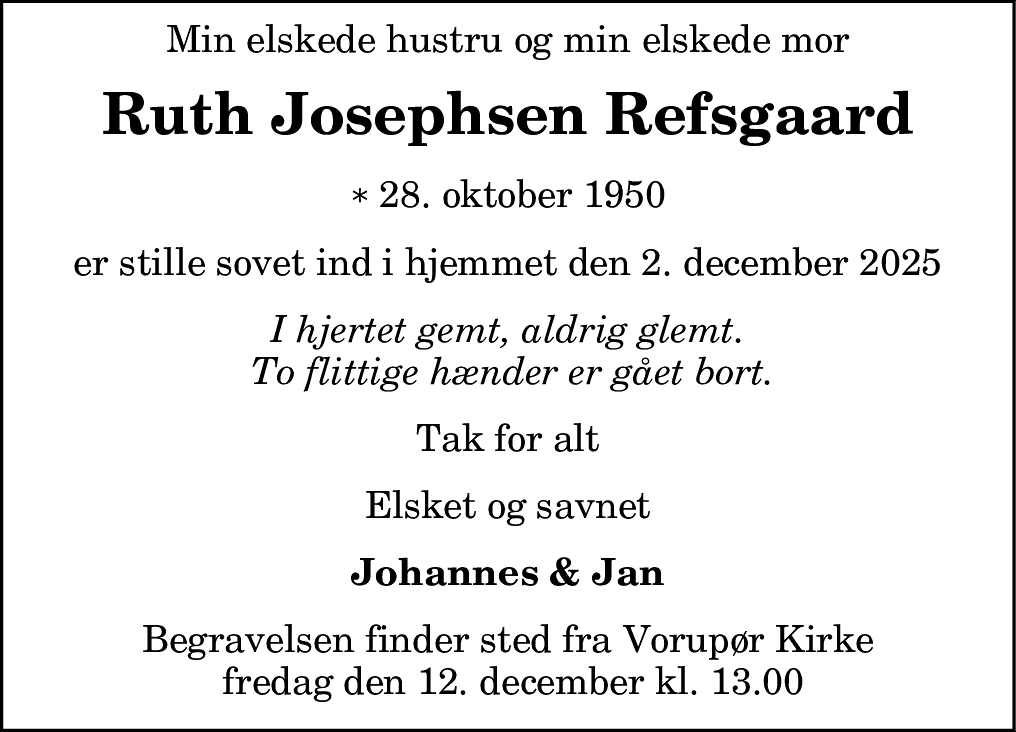 Dødsannonce for Ruth Josephsen Refsgaard