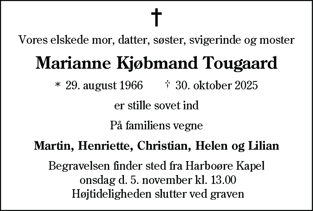 Dødsannonce for Marianne Kjøbmand Tougaard