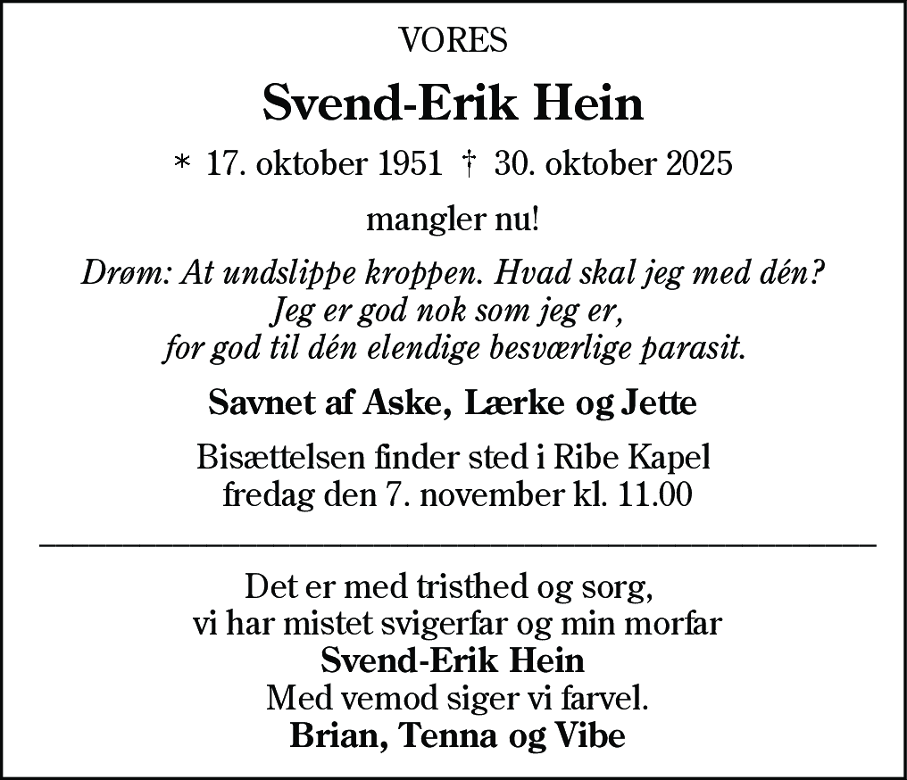 Dødsannonce for Svend Erik Hein