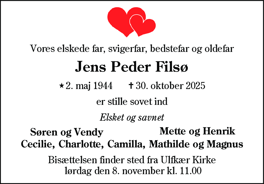 Dødsannonce for Jens Peder Jensen Filsø