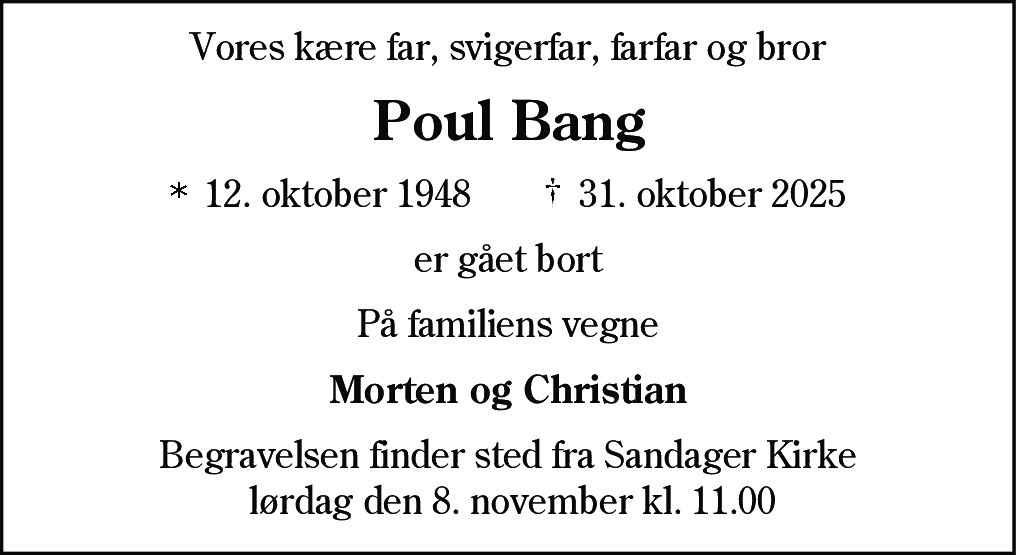 Dødsannonce for Poul Bang