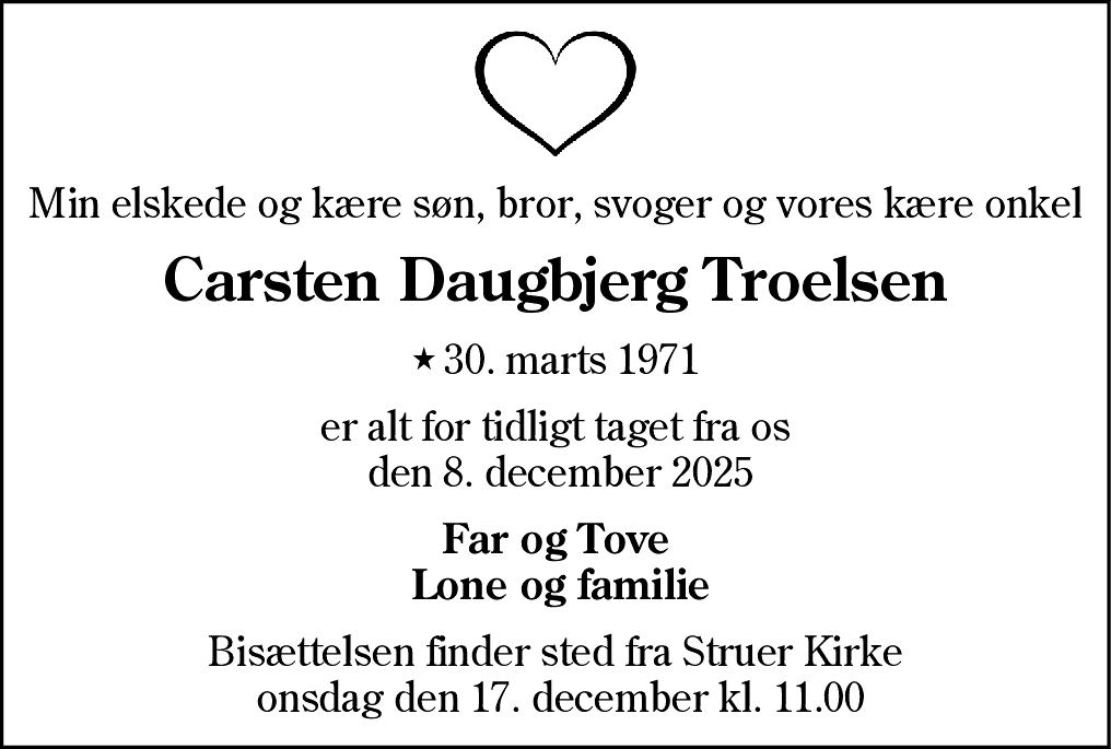 Dødsannonce for Carsten Daugbjerg Troelsen