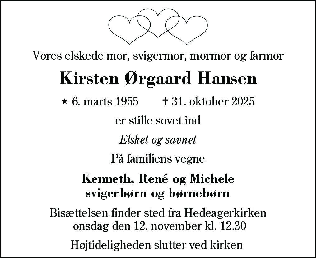 Dødsannonce for Kirsten Ørgaard Hansen