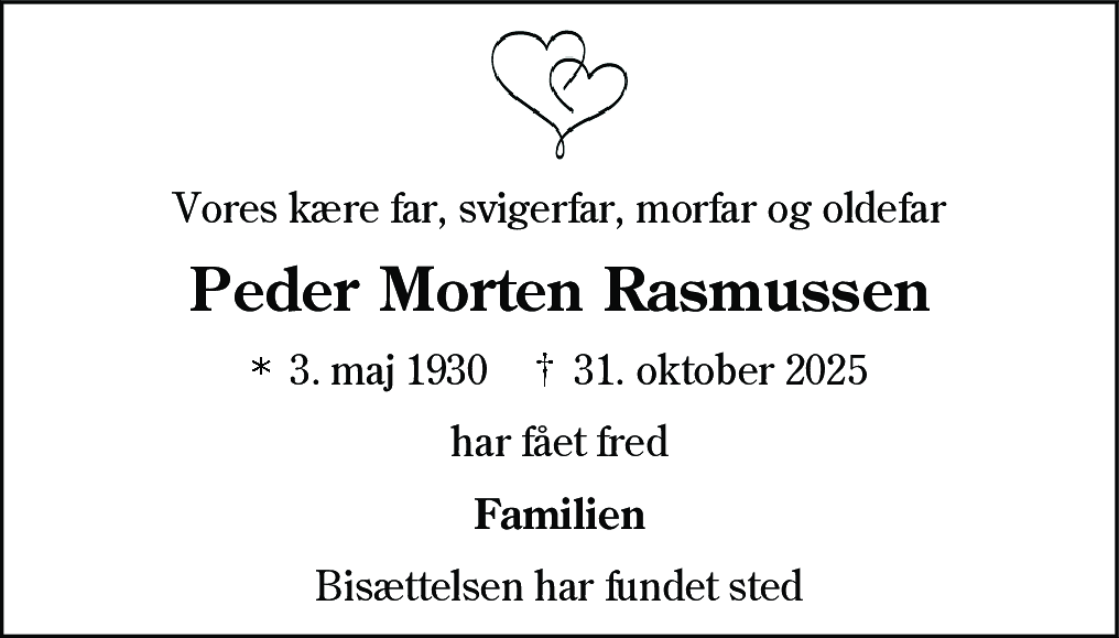Dødsannonce for Peder Morten Rasmussen