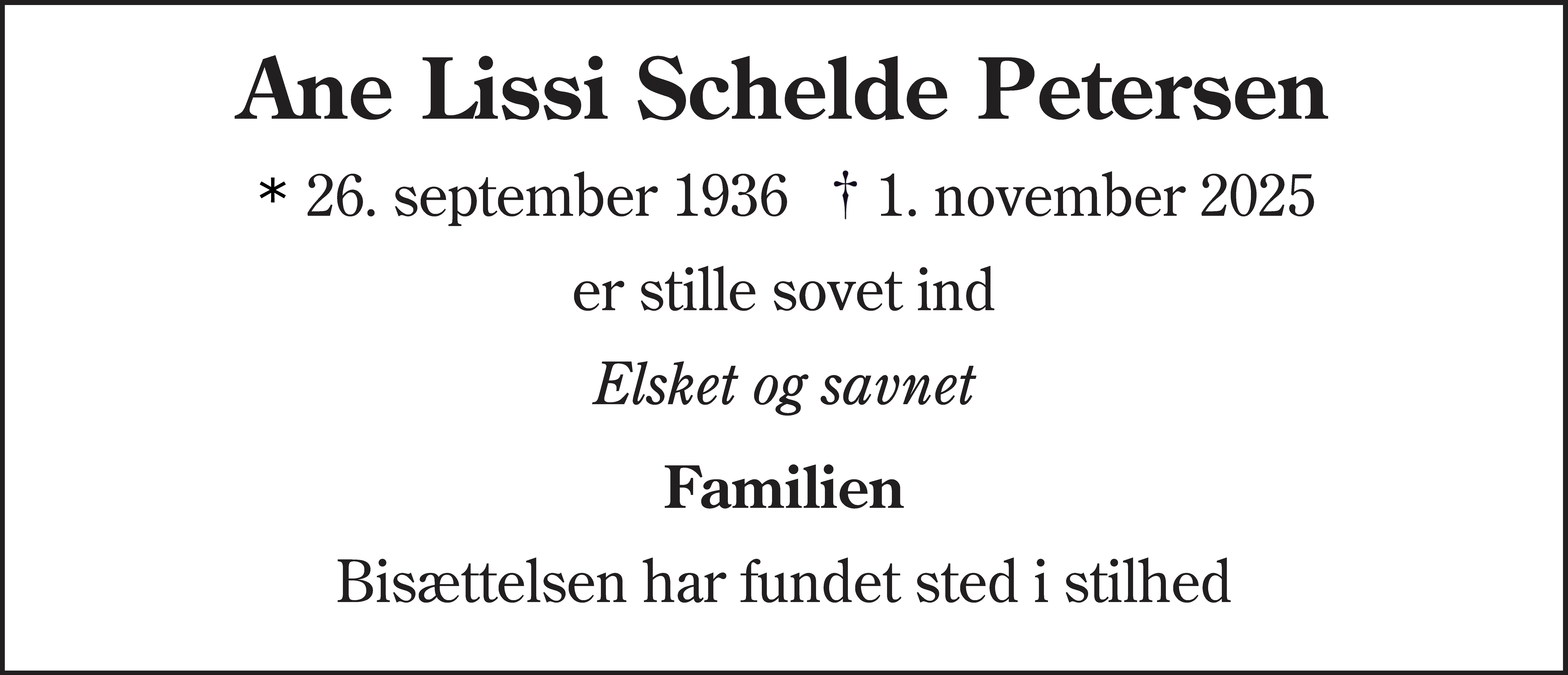 Dødsannonce for Ane Lissi Schelde Petersen