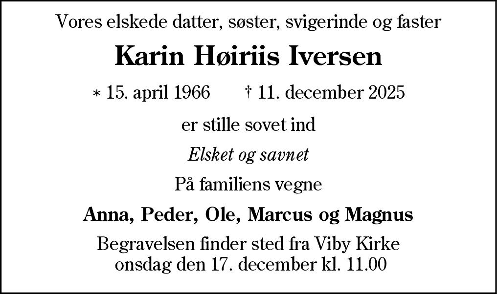 Dødsannonce for Karin Høiriis Iversen
