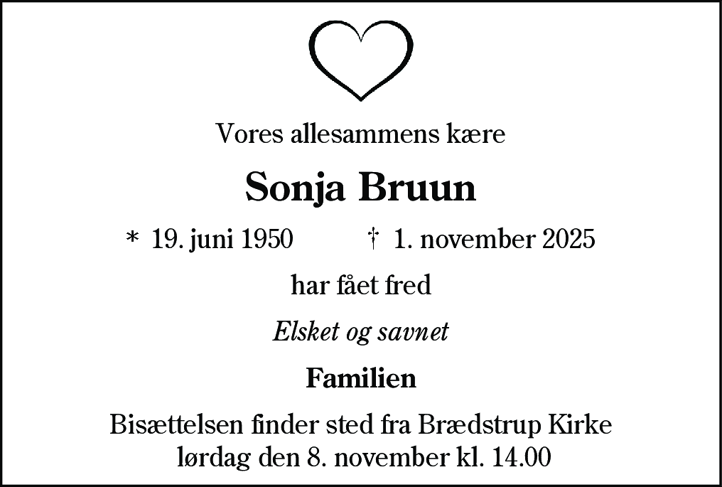 Dødsannonce for Sonja Bruun