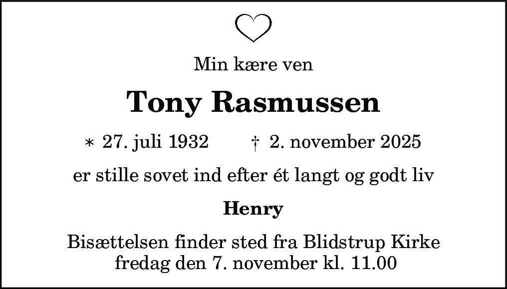 Dødsannonce for Tony Rasmussen