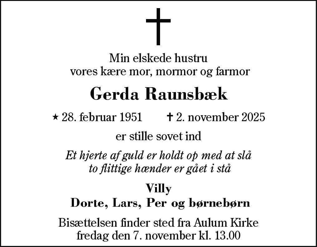 Dødsannonce for Gerda Raunsbæk