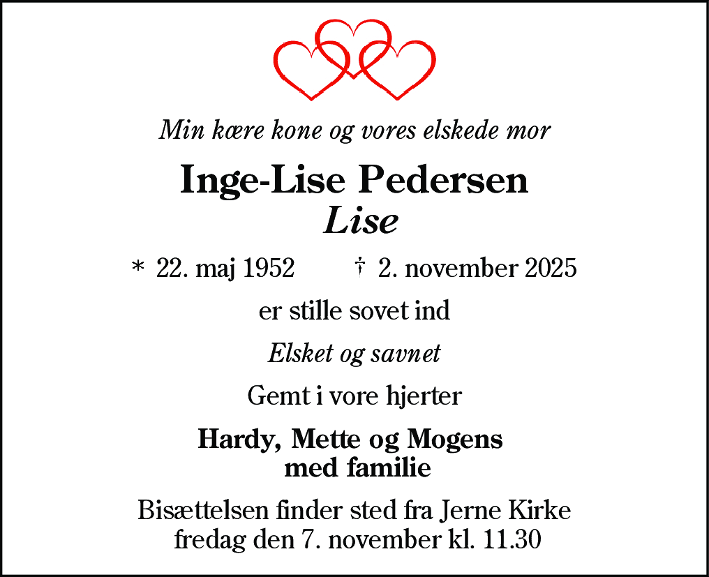 Dødsannonce for Inge-Lise Pedersen