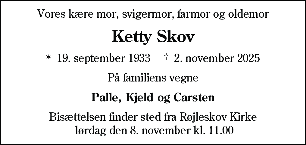 Dødsannonce for Ketty Kirstine Skov