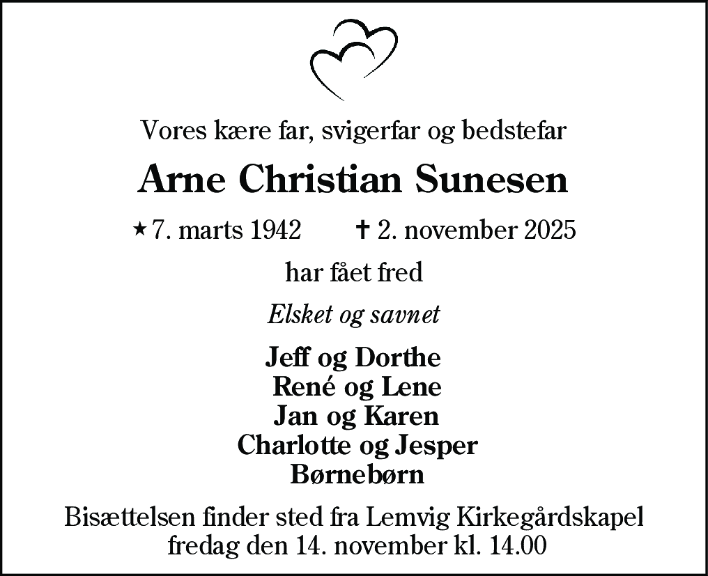 Dødsannonce for Arne Christian Sunesen
