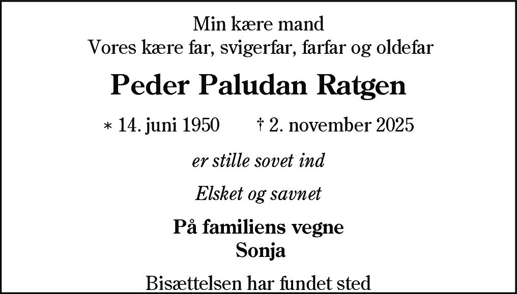 Dødsannonce for Peder Paludan Ratgen