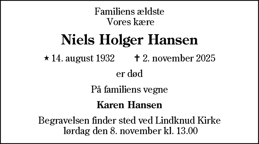 Dødsannonce for Niels Holger Hansen