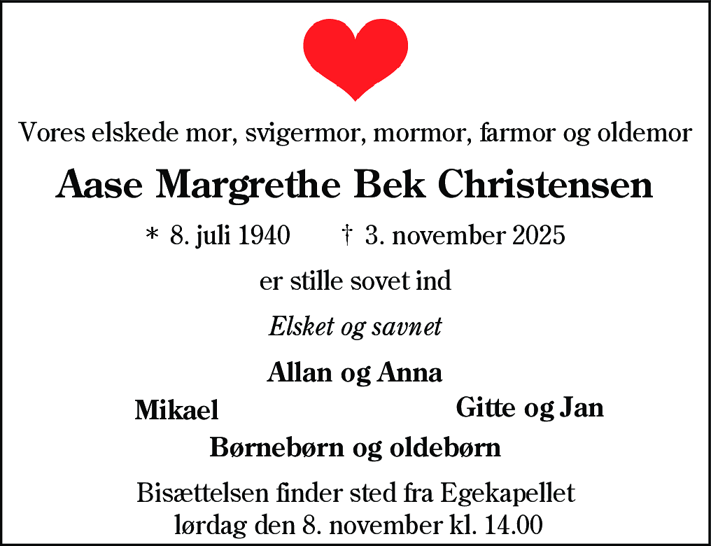 Dødsannonce for Aase Margrethe Bek Christensen