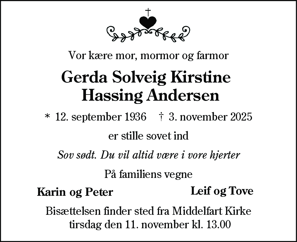 Dødsannonce for Gerda Solveig Kirstine Hassing Andersen