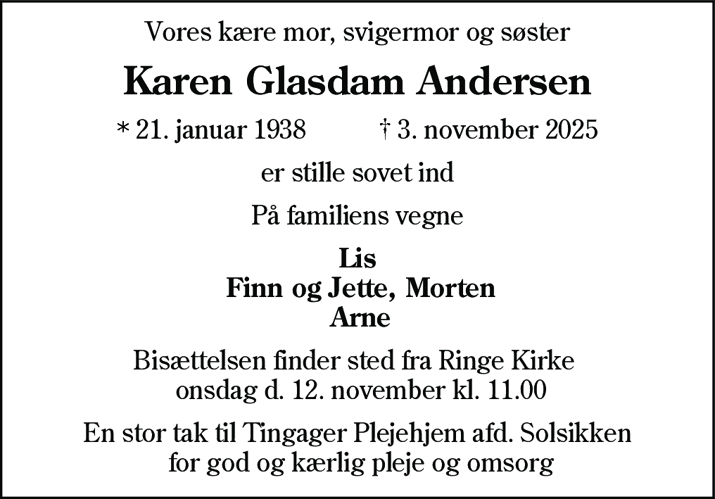Dødsannonce for Karen Glasdam Andersen