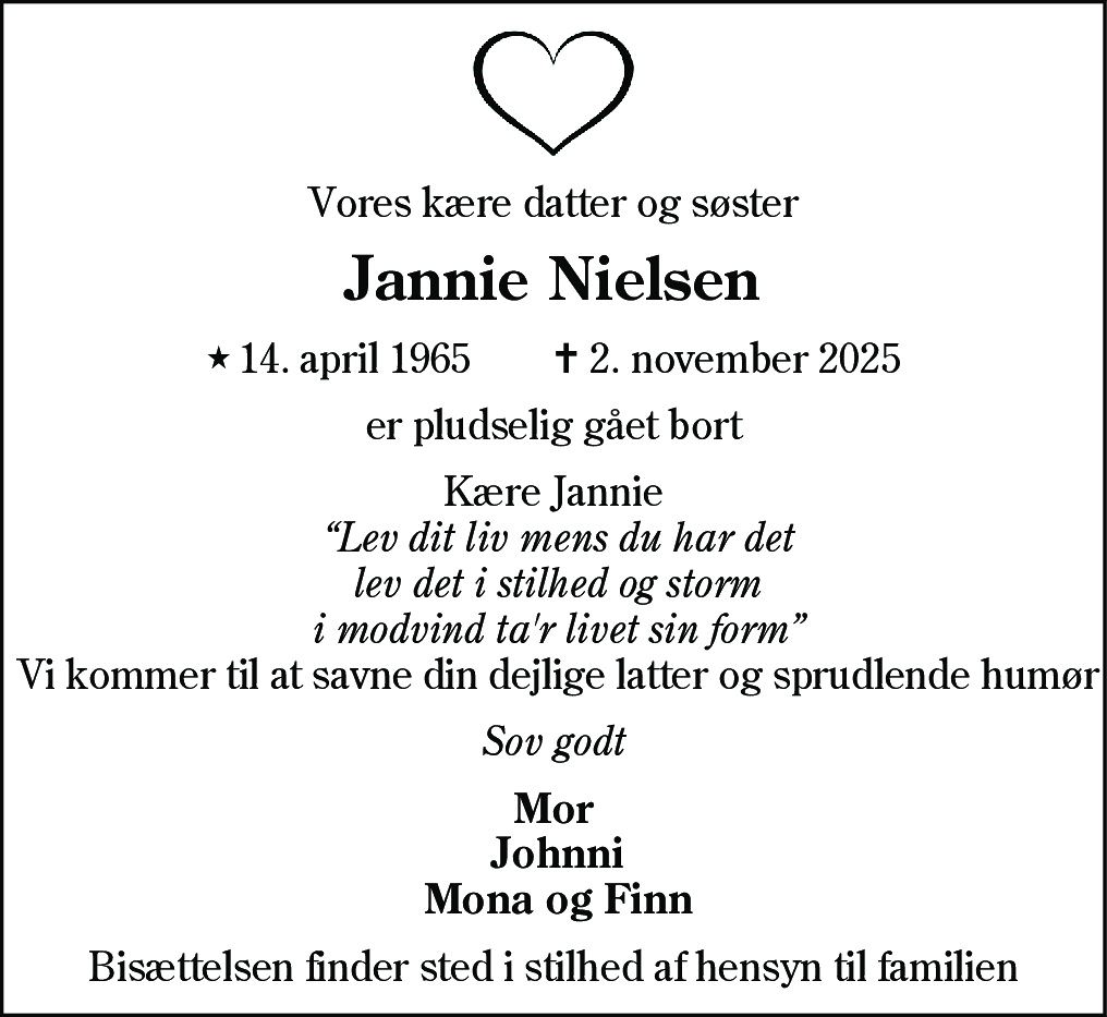 Dødsannonce for Janni Nielsen