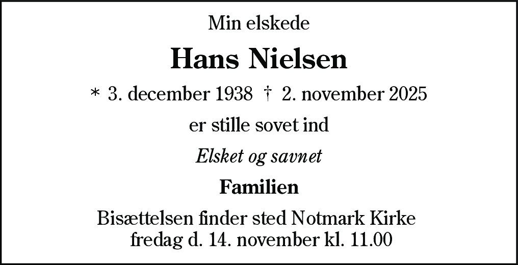 Dødsannonce for Hans Nielsen