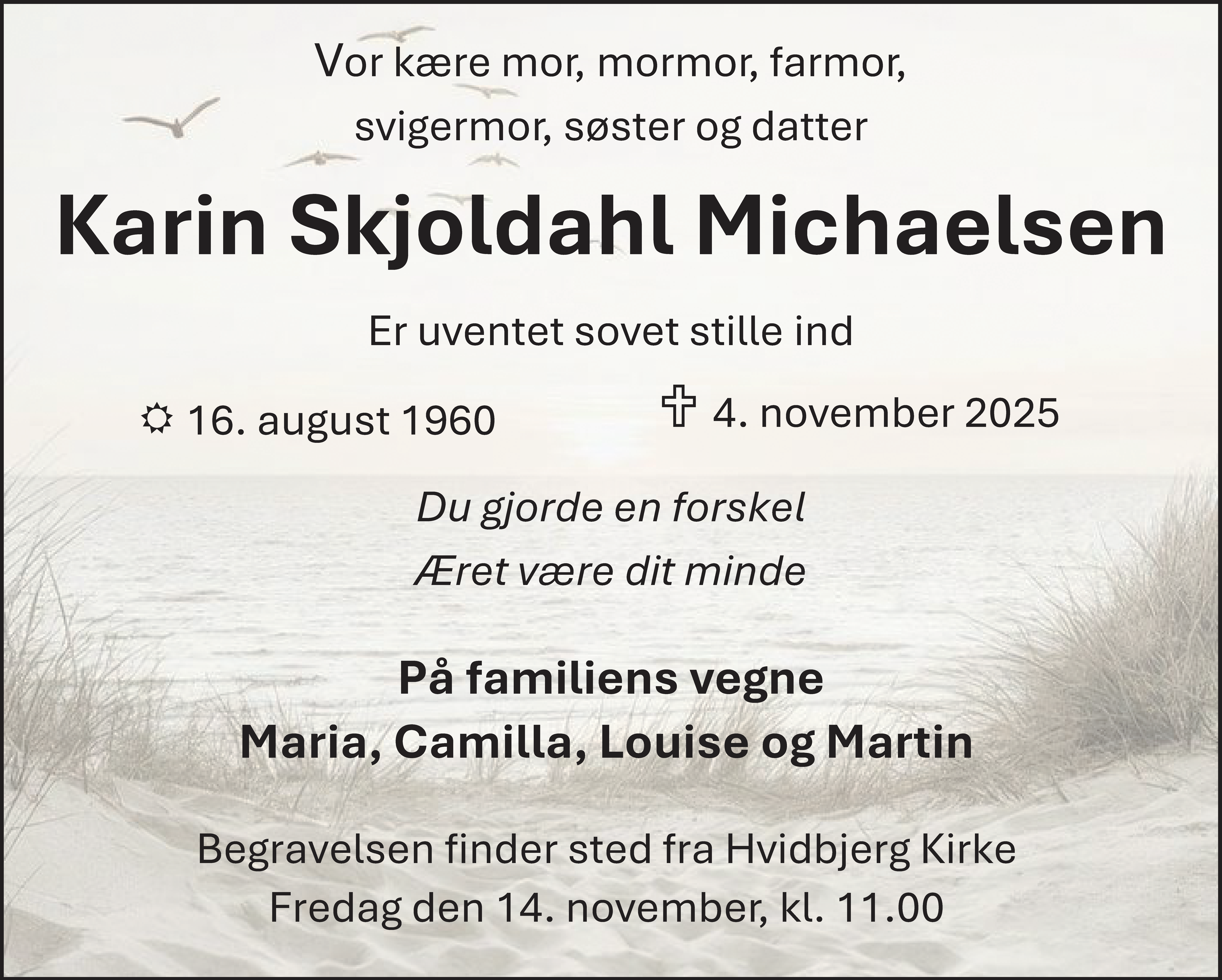 Dødsannonce for Karin Skjoldahl Michaelsen