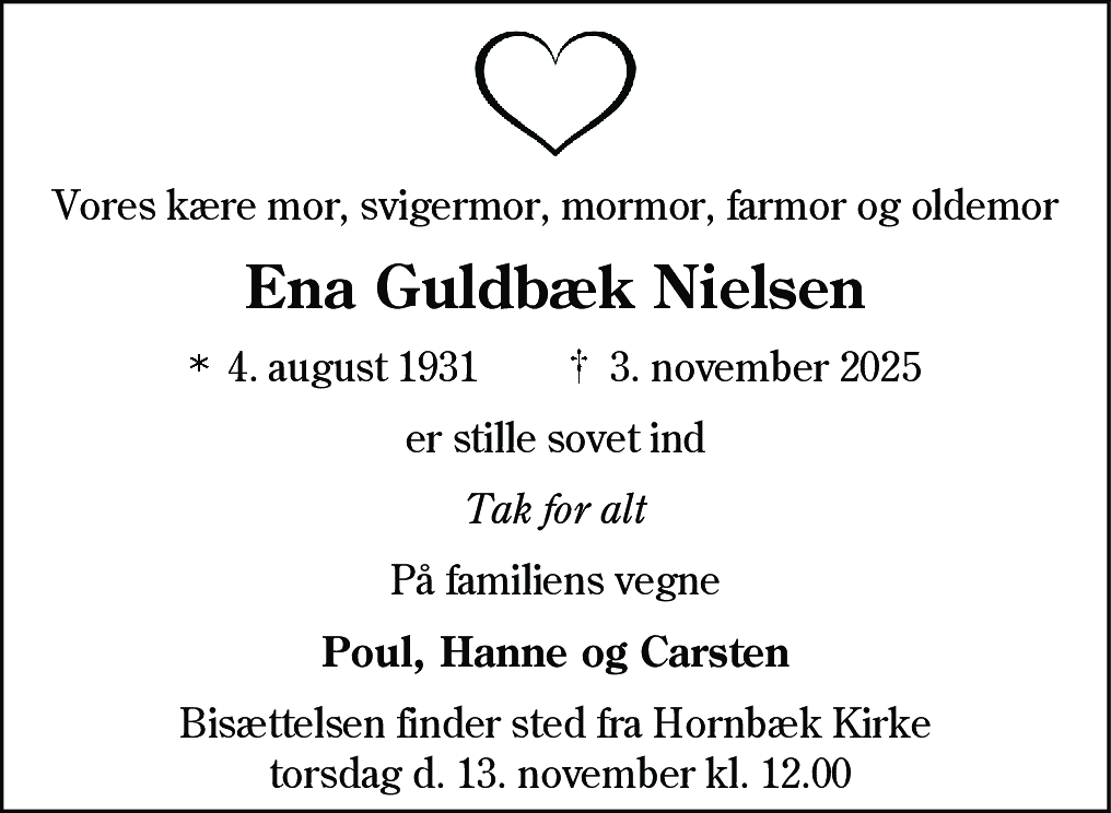 Dødsannonce for Ena Guldbæk Nielsen