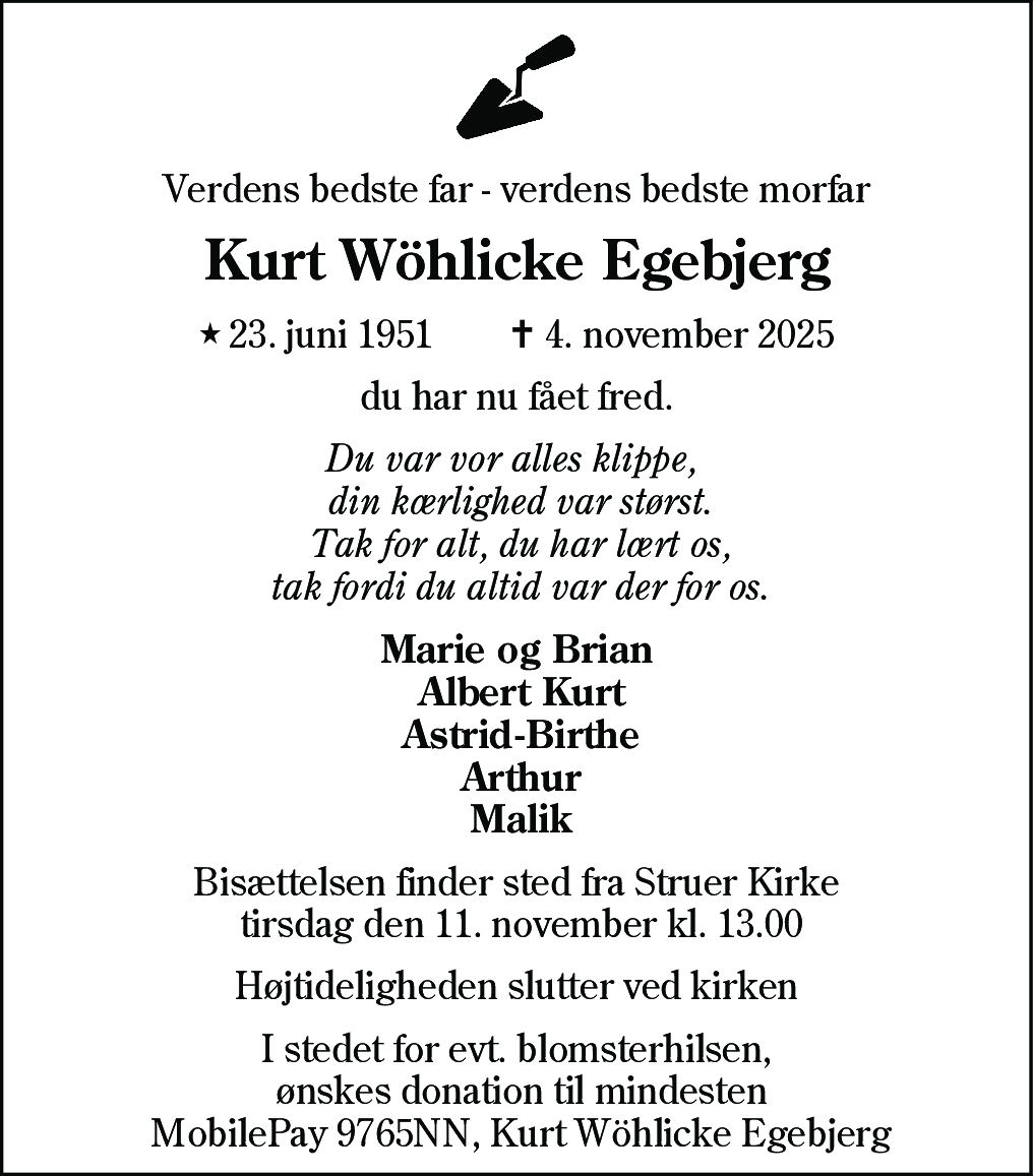 Dødsannonce for Kurt Wöhlicke Egebjerg