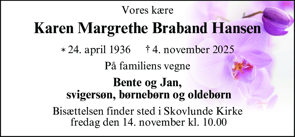 Dødsannonce for Karen Margrethe Braband Hansen