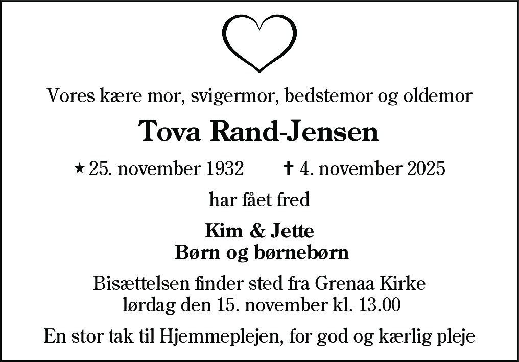 Dødsannonce for Tova Rand-Jensen