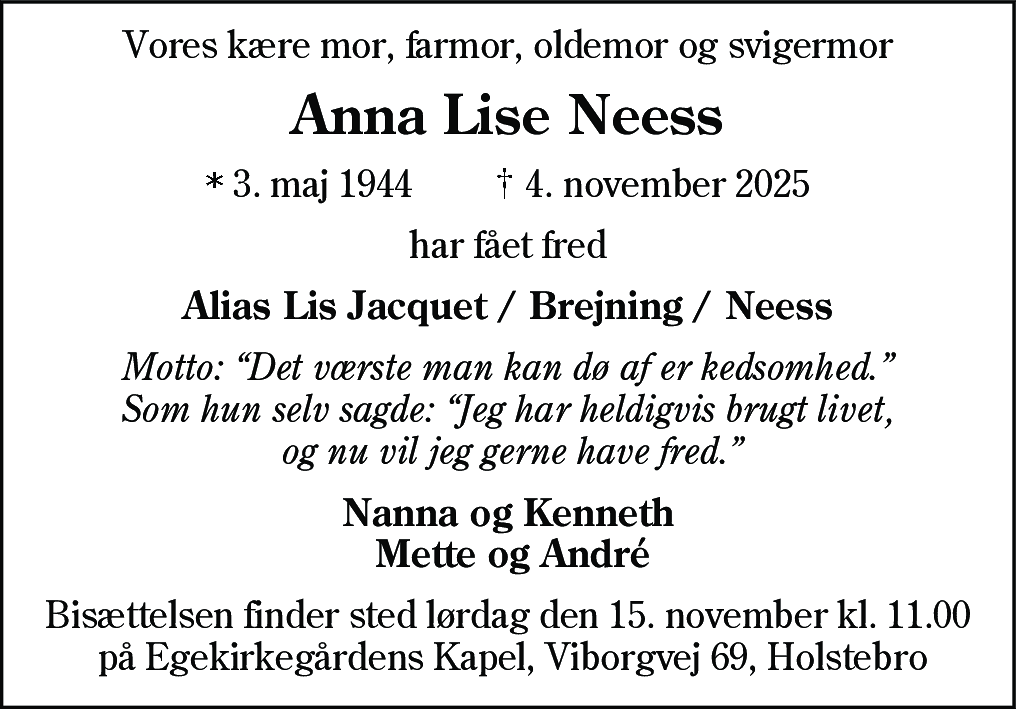 Dødsannonce for Anna Lise Neess
