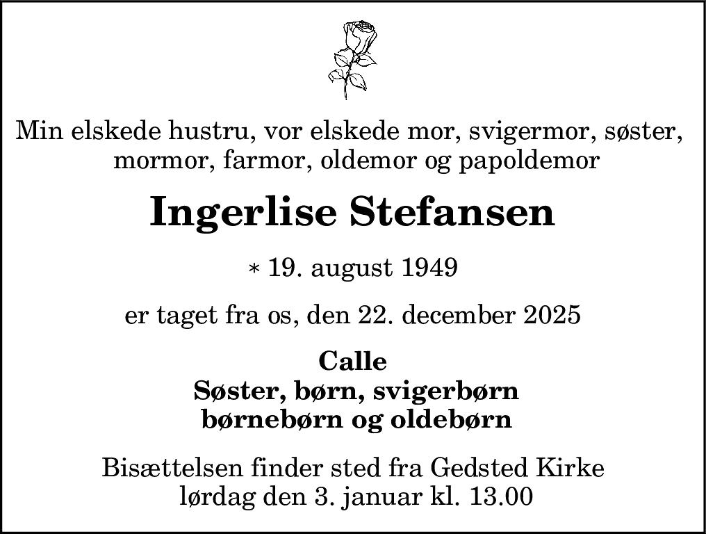 Dødsannonce for Ingerlise Stefansen