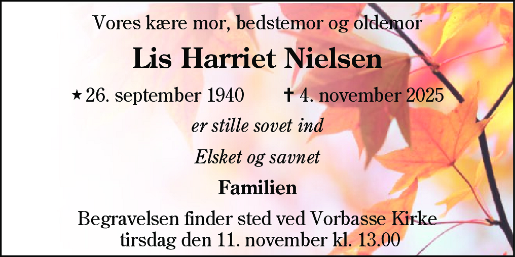 Dødsannonce for Lis Harriet Nielsen