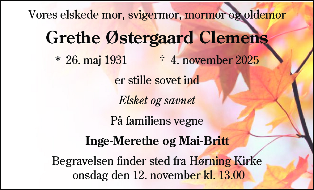 Dødsannonce for Grethe Østergaard Clemens
