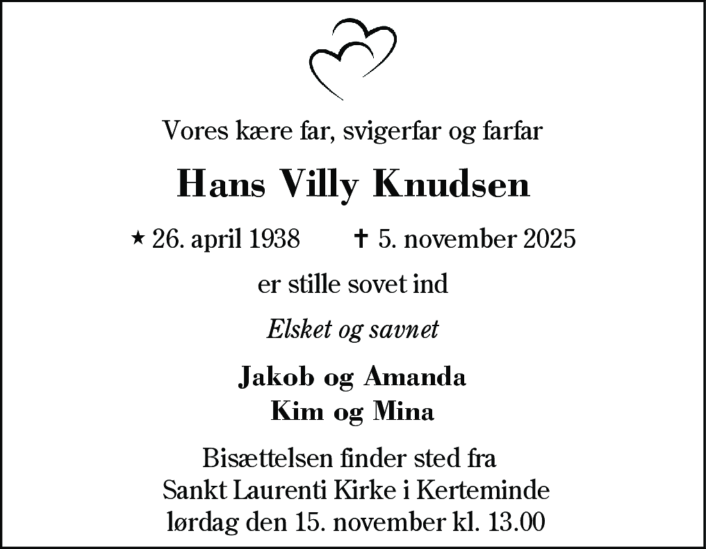 Dødsannonce for Hans Villy Knudsen