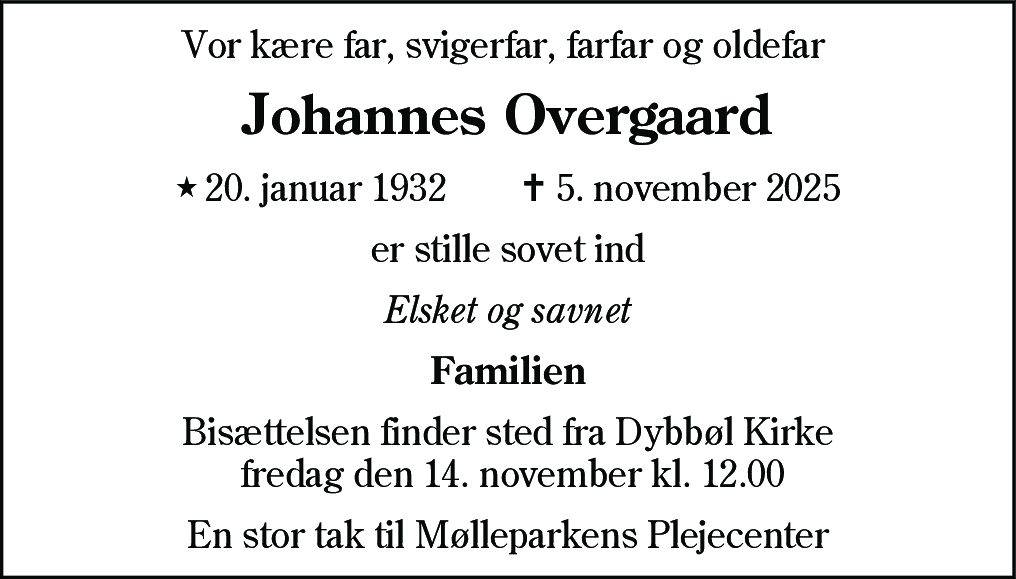 Dødsannonce for Johannes Overgaard