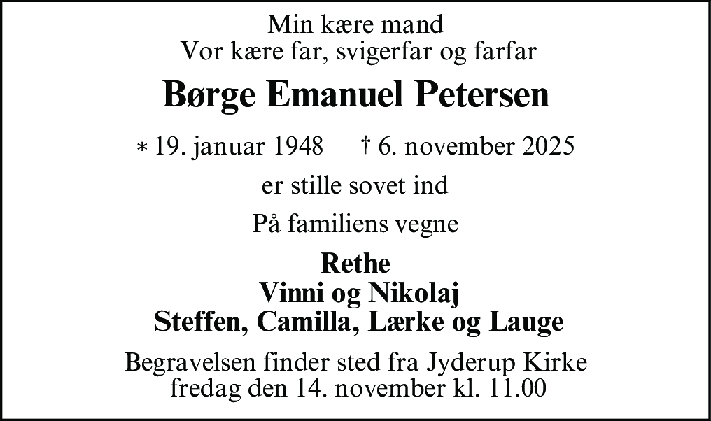 Dødsannonce for Børge Emanuel Petersen