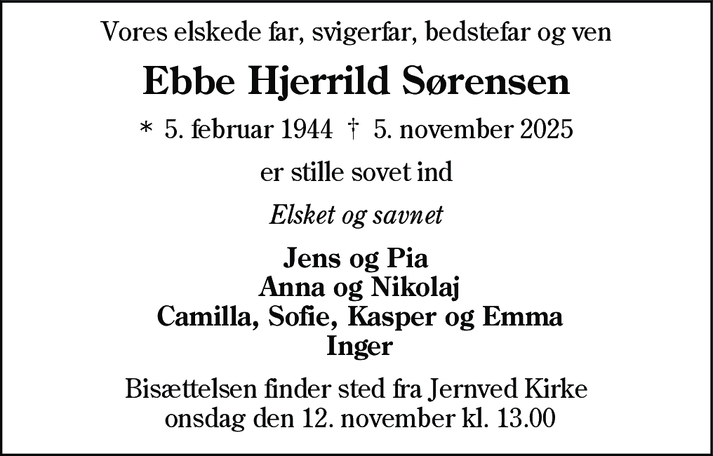 Dødsannonce for Ebbe Hjerrild Sørensen