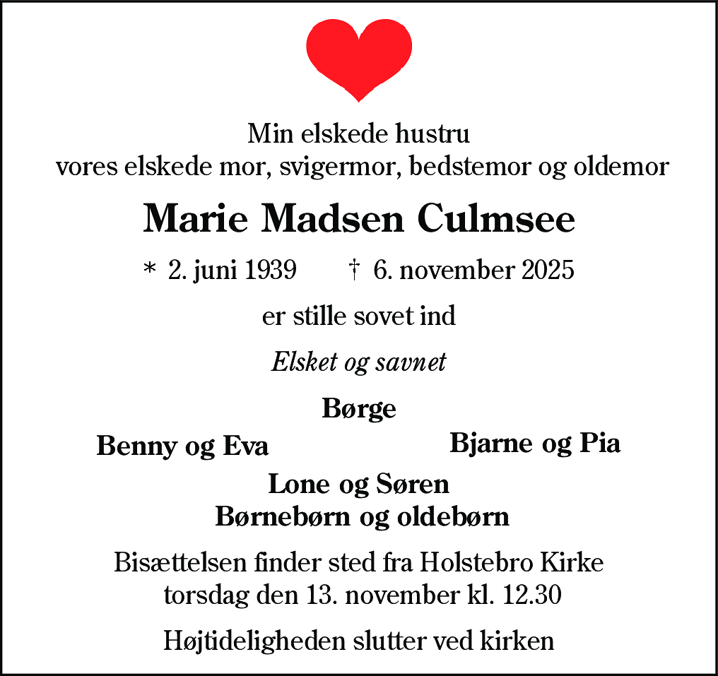 Dødsannonce for Marie Madsen Culmsee