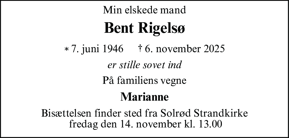 Dødsannonce for Bent Flemming Rigelsø