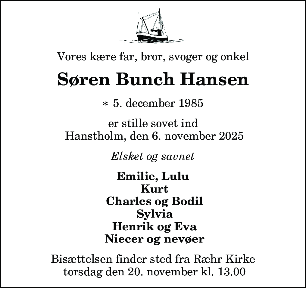 Dødsannonce for Søren Bunch Hansen