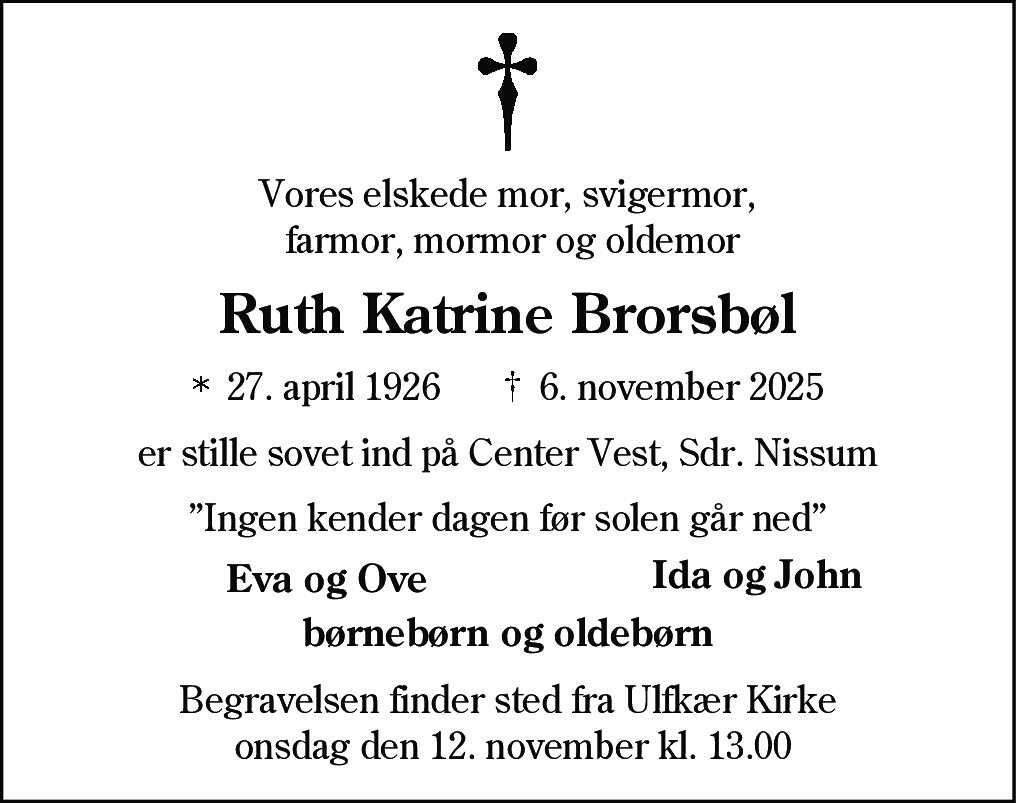 Dødsannonce for Ruth Katrine Brorsbøl