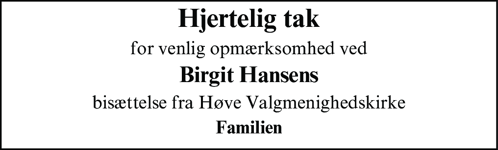 Dødsannonce for Birgit Hansen