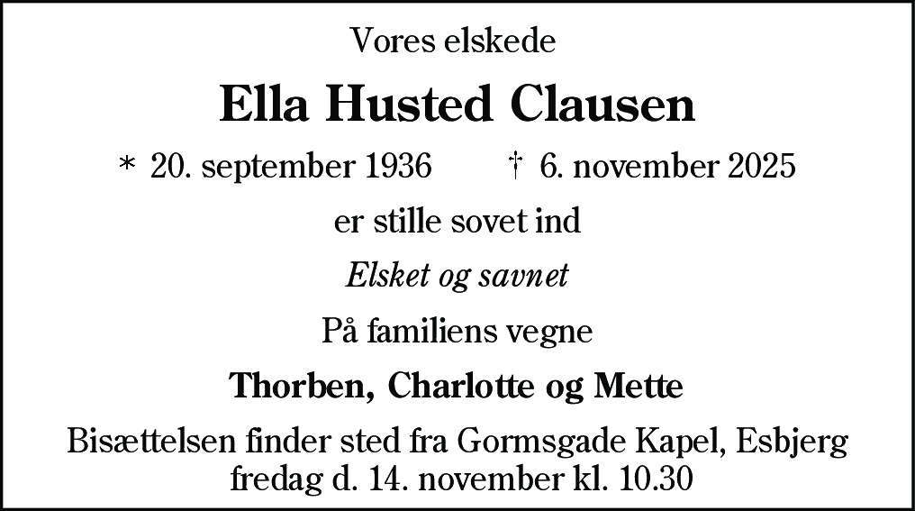 Dødsannonce for Ella Husted Clausen