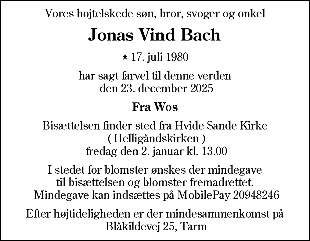 Dødsannonce for Jonas Vind Bach