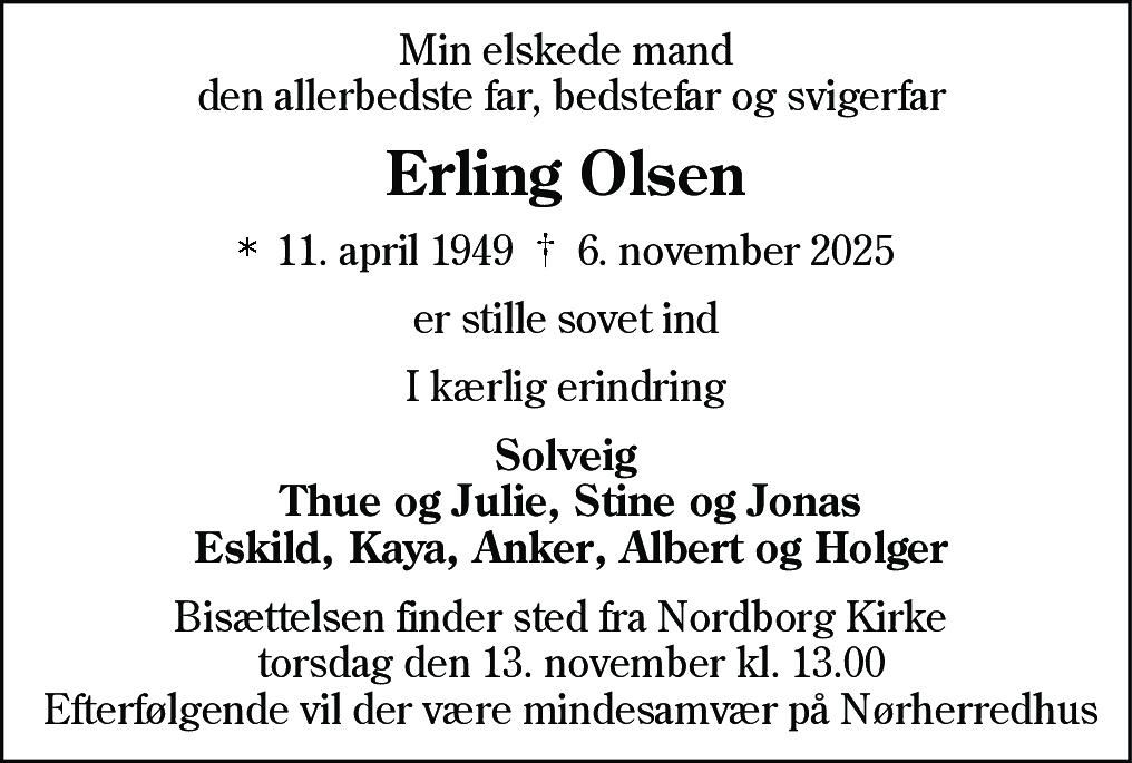 Dødsannonce for Erling Olsen