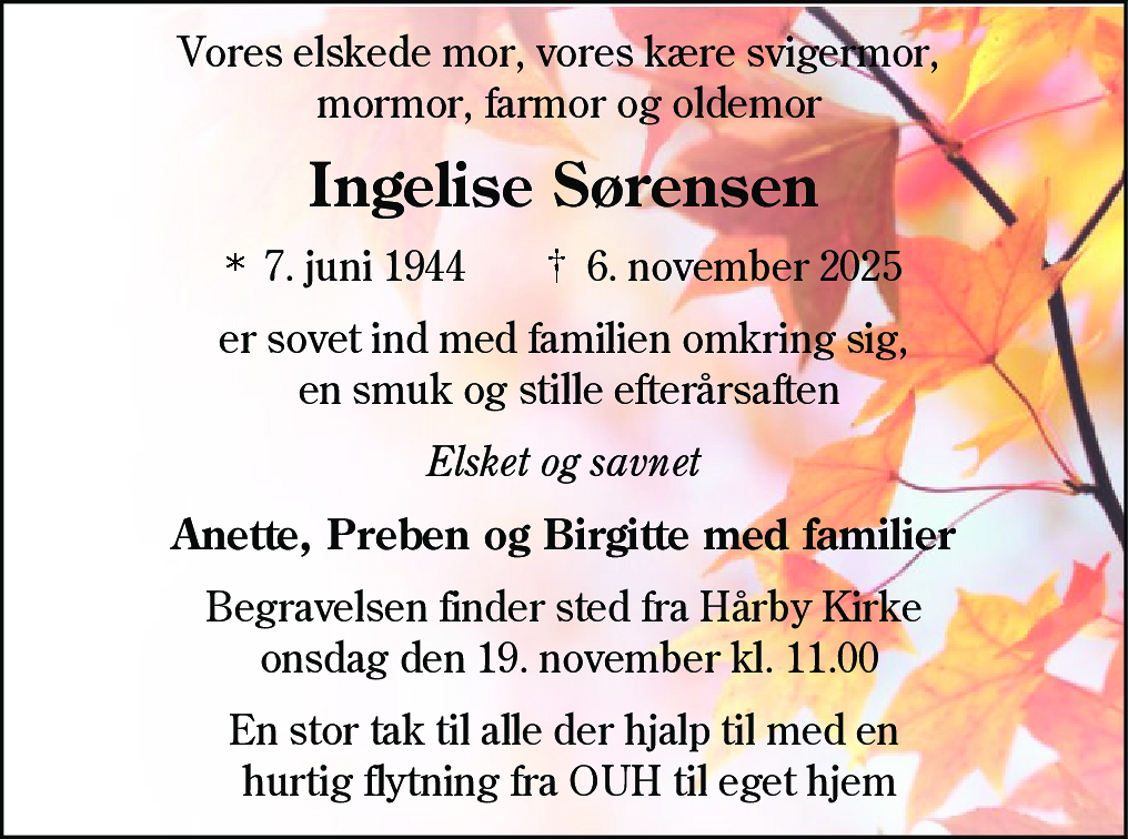 Dødsannonce for Ingelise Sørensen