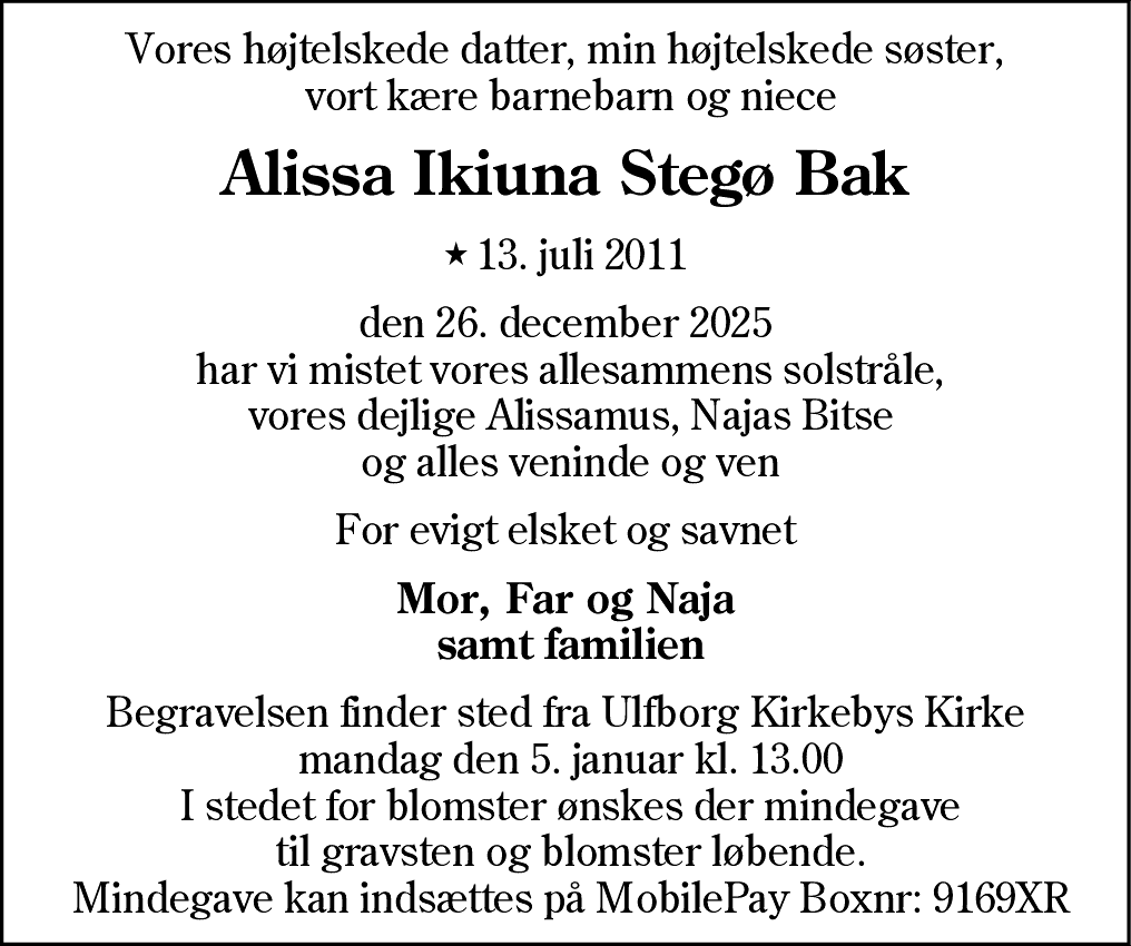 Dødsannonce for Alissa Stegø Bak