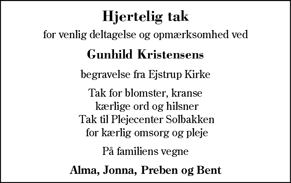 Dødsannonce for Gunhild Kristensen